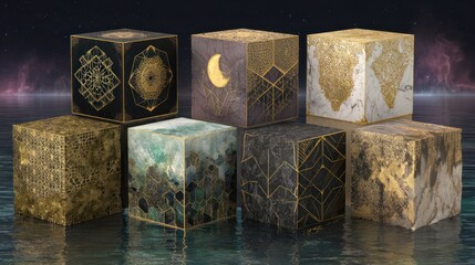 Seven ornate cubes, each with a unique pattern, sit in still water, against a starry night background. Gold and muted color details adorn the surfaces, resembling a collection of abstract art