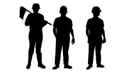 Silhouette illustration showing three men standing one with a tool over shoulder in black and white color