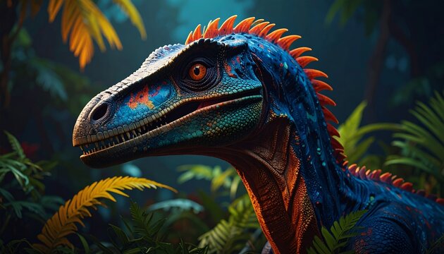 Vivid portrayal of an Eoraptor within a lush Jurassic backdrop creating a captivating composition