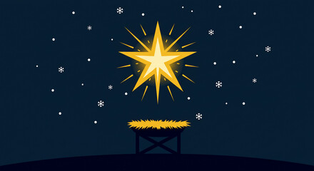Fototapeta premium Bright Yellow Star Over Manger in Night Sky with Snowflakes in Christmas Nativity Scene