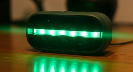 A modern electronic device with a glowing green LED light strip on a wooden table.
