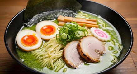 Delicious Green Ramen Bowl with Chashu Pork and Soft-Boiled Eggs.