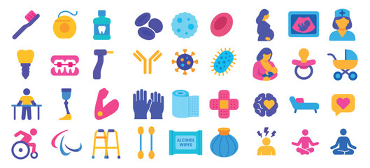Healthcare and wellness icons: dentistry, pregnancy, childcare, disability support, hygiene