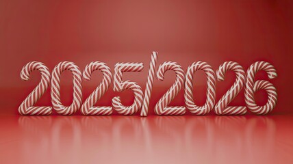 A close-up, eye-level shot of the numbers "2025/2026" rendered as large, three-brightensional candy canes, their iconic white and red spiraling patterns .
