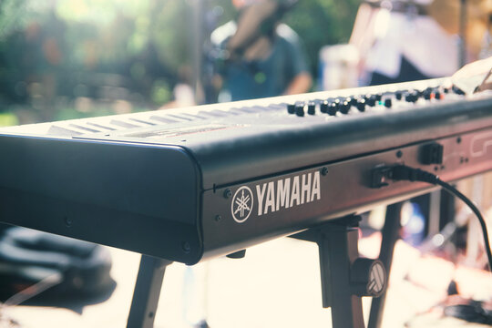 Barcelona, Spain. 11 October 2025:  Yamaha CP electronic keyboard on a stage ready for a performance.