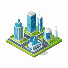 Isometric city illustration featuring modern buildings and infrastructure on white backdrop