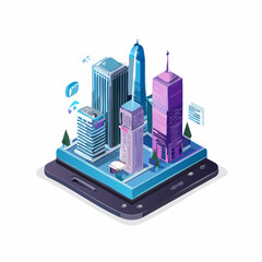 Isometric cityscape on mobile device modern skyscrapers and digital technology