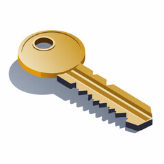Isometric golden key isolated on white background for conceptual design