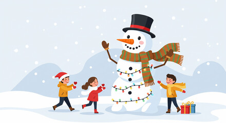 Children Playing with Snowman in Winter Scene with Christmas Decorations