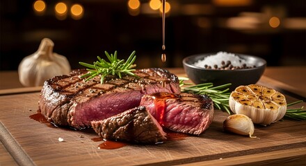 Juicy Grilled Steak with Rosemary and Garlic on a Wooden Board.