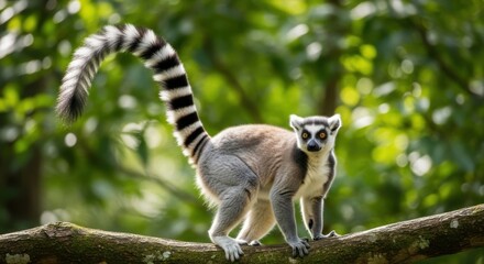Fototapeta premium Ring-tailed lemur perched on a branch in lush green forest environment