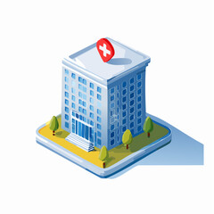 Isometric illustration of a healthcare facility with a red cross symbol
