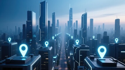 Futuristic city skyline glowing with digital location pins icons showing smart navigation, gps tracking, and urban tech