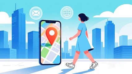 Woman walking in city and using smartphone map with floating icons showing smart navigation, gps tracking