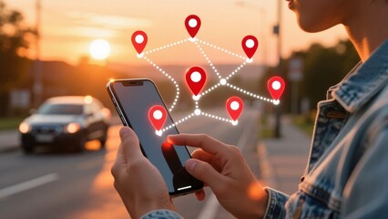 Man hands holding smartphone at sunset with glowing red pins showing smart navigation, gps tracking path