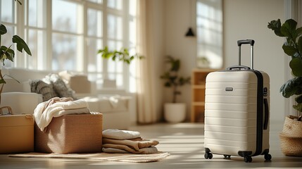 Beige travel suitcase in sunlit minimalist interior