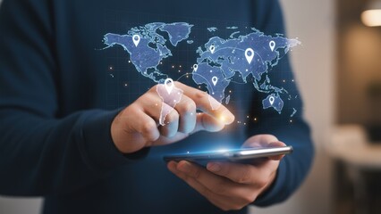 Man using smartphone with glowing digital world map and floating pins, smart navigation, gps tracking
