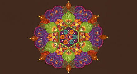 Colorful Mandala Design with Green and Orange Elements on Dark Background