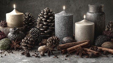 A cozy gathering of lit candles and fragrant spices evoking winter warmth and festive cheer against a textured grey