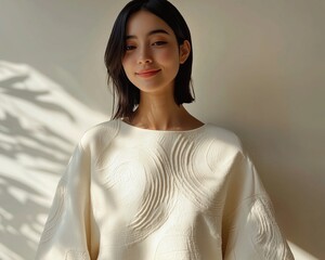 A woman in an elegant textured white midi dress stands in warm sunlight