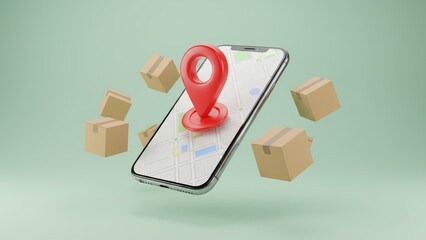 3d smartphone with red location pin and flying delivery boxes, smart navigation, gps tracking