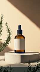 Amber dropper bottle on cylindrical podium with shadows and warm minimalist background