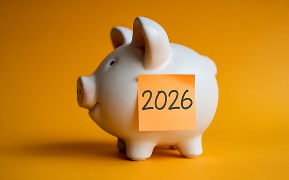 A white ceramic piggy bank with the year 2026 written on an orange sticky note attached to its side against a vibrant orange background