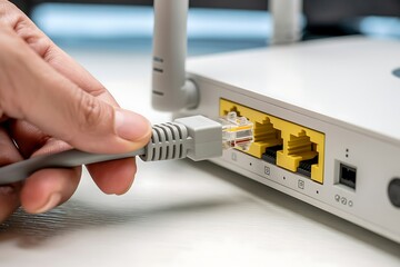 Close up of a hand connecting an ethernet cable to a wireless router s lan port for internet setup and connectivity