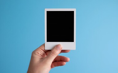 A hand holds a blank instant photo frame against a vibrant solid blue background showcasing a simple nostalgic display