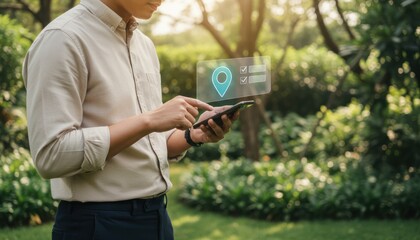 Man using phone in garden with glowing blue map pin and checkmark icons, smart navigation, gps tracking