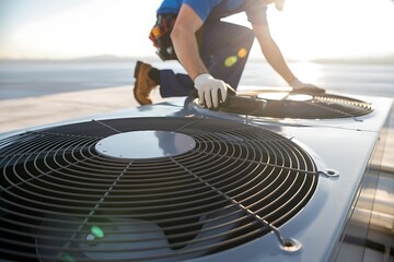 Hvac technician wearing gloves and work clothes kneels on a rooftop performing maintenance on a large outdoor air conditioning unit fan