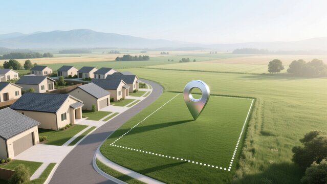 Aerial view of housing area with plotted field and location pin icon, smart navigation, gps tracking