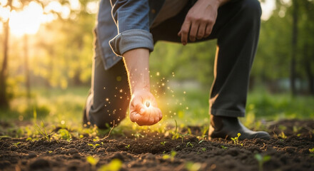 Person Kneeling on Soil Planting Seed with Sparkling Light in Warm Outdoor Garden