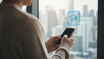 Person holding smartphone with floating map pin and globe icon near window with city view, smart navigation, gps tracking
