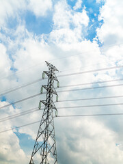 High voltage electric pole power line electric transmission tower background, technology energy...