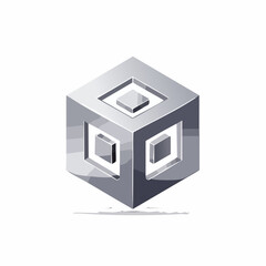 Isometric metallic cube with geometric shapes and shadows on white background