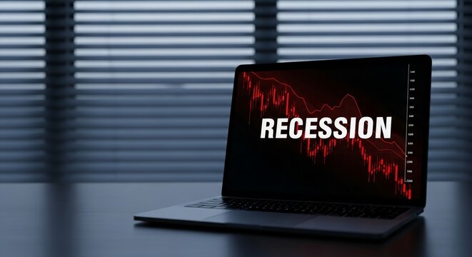 A laptop screen displays the word "RECESSION" with a downward-trending red graph, symbolizing economic decline. - Powered by Adobe