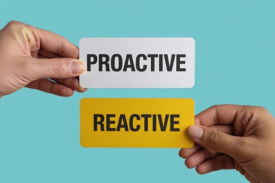 Two hands hold contrasting cards displaying the words proactive and reactive against a solid blue background symbolizing choice