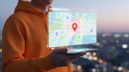 Man holding smartphone with glowing 3d map and colorful pins in soft city dusk light, smart navigation, gps tracking