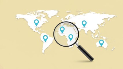 Magnifying glass enlarging white world map with modern pins on clean yellow background, smart navigation, gps tracking