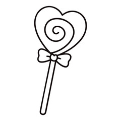 Outlined heart shaped lollipop with a swirl and a bow on a stick in black and white illustration