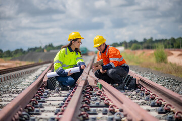 Construction engineer inspecting railway track industrial documents in hand while examining rail structure closely construction, safety and professional project management transportation development.