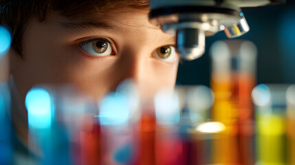 Young Scientist's Gaze Exploring the Microscopic World in the Laboratory with Focus and Curiosity