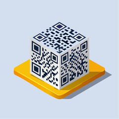 Isometric qr code on orange platform data information concept