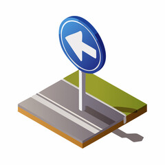 Isometric road sign illustration pointing left on a patch of green grass