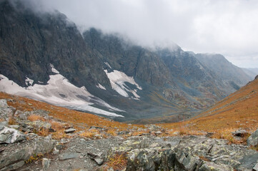 Landscape view on Kuyguk valley in late august from Kuyguk mountain pass, the Altai Republic, Russia