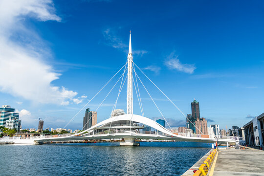 Kaohsiung, Taiwan- June 15, 2025: Panoramic view of the Dagang Bridge (Great Harbor Bridge), which connects Pier-2 Art Center and Peng-lai Commercial Harbor in Kaohsiung, Taiwan.