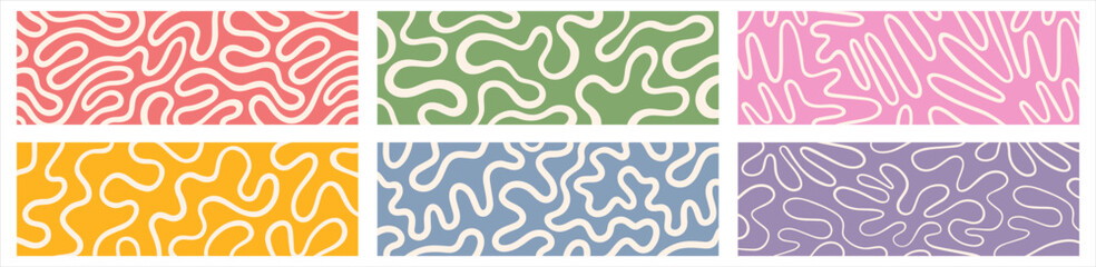 Twisted lines, fluid curved wiggling stripes vector 1:3 backgrounds banners set. Liquid funky chaotic ornaments, groovy hippie patterns collection. Doodle, uneven hand drawn wavy organic winding lines