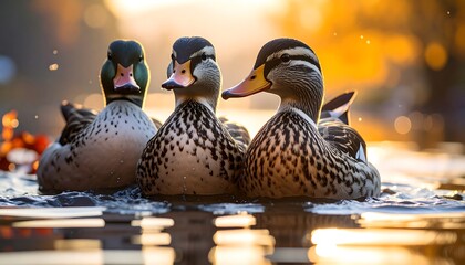Three Ducks Float Together Water