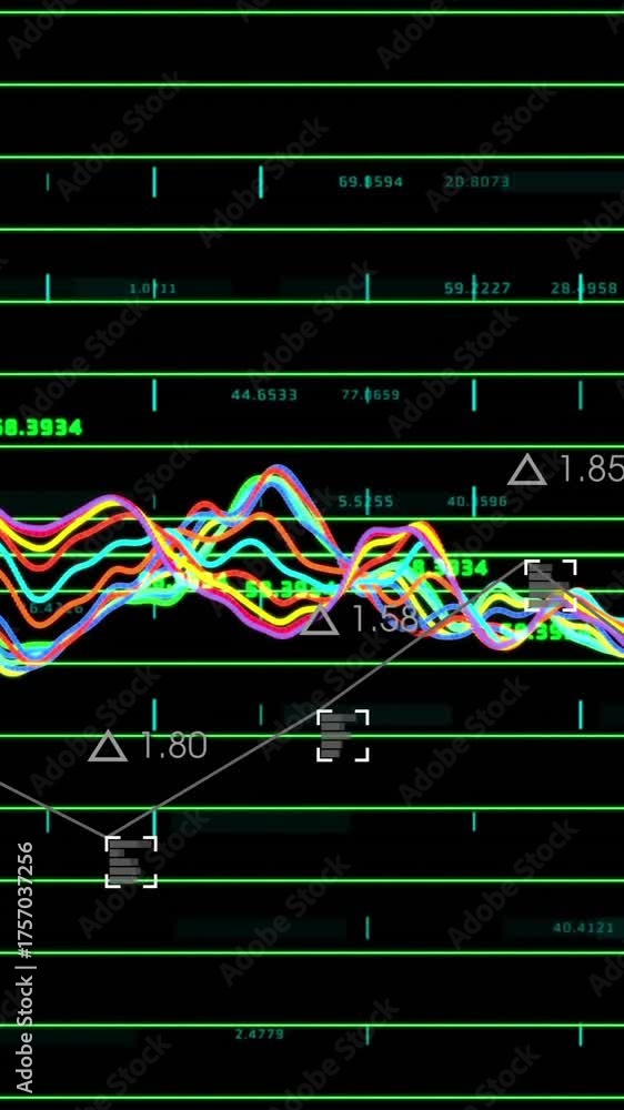 Wall mural financial data analysis animation with fluctuating graphs and numerical indicators